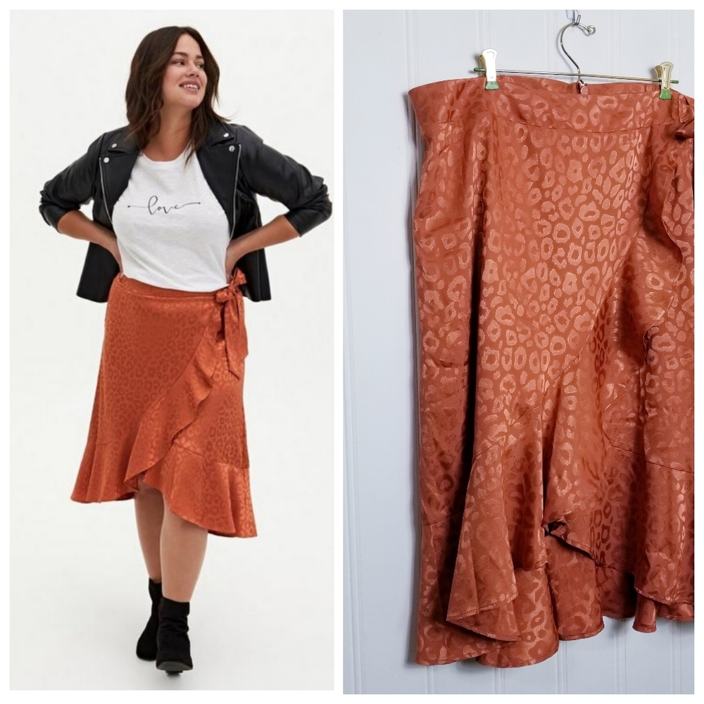 Torrid Skirt 2X 18-20 Copper Leopard Jacquard Ruffle Wrap Midi Rust Animal Print